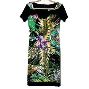 Joseph Ribkoff Pencil Dress Size 6 Floral Short Sleeve Tropical Artsy Event Gues